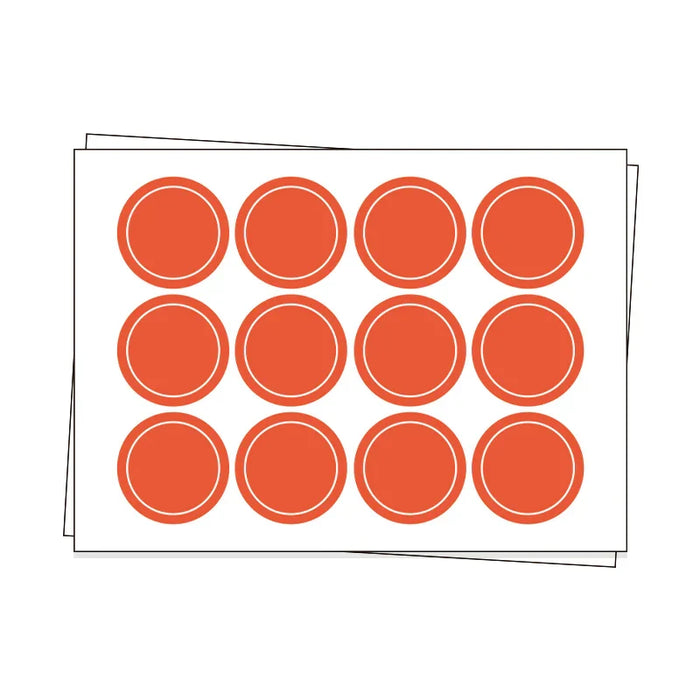 Sheet of custom round orange stickers with white borders, ideal for labeling or crafts