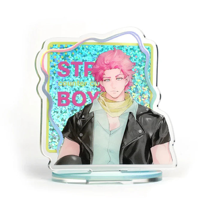 Custom holographic acrylic standee featuring anime boy with pink hair and glitter background