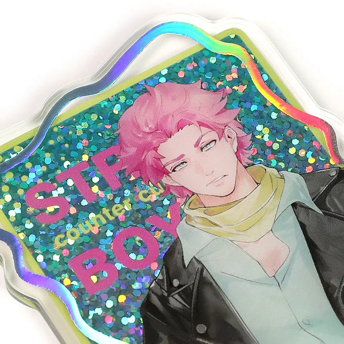 Custom acrylic standee with anime boy illustration, holographic glitter cold foil background