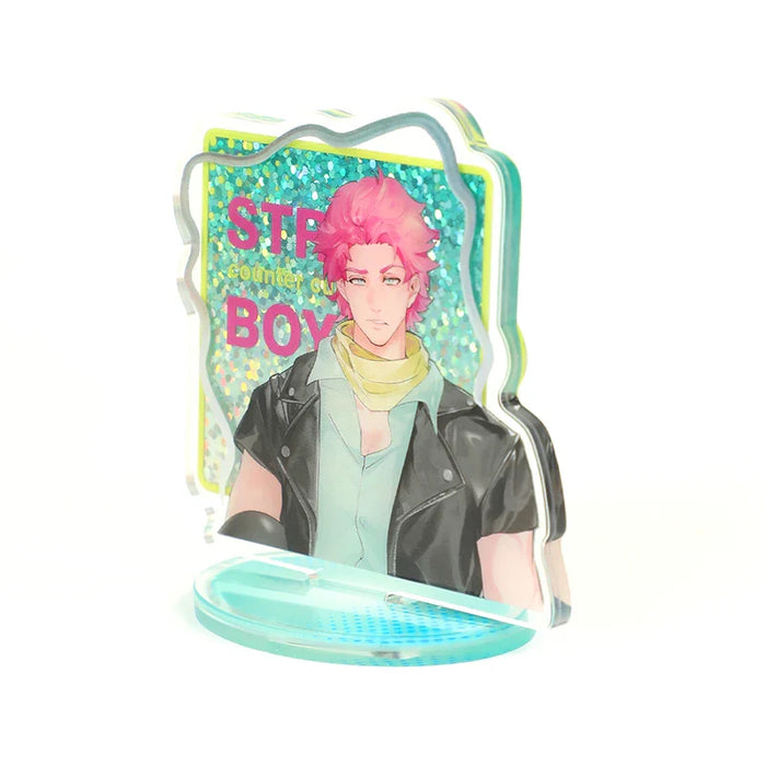 Custom acrylic standee with glitter holographic background and anime character with pink hair