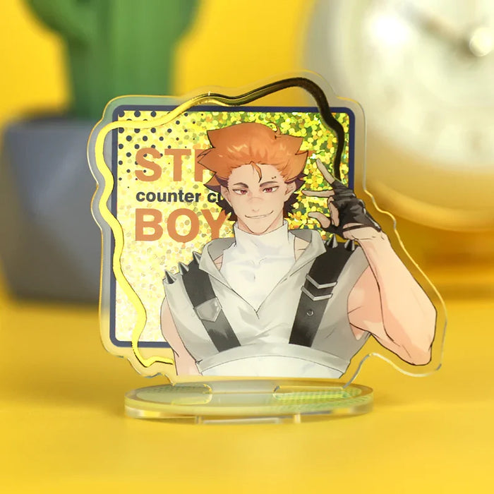 Custom holographic acrylic standee with anime character, glitter background on yellow surface