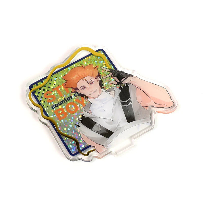 Custom acrylic standee with glitter holographic effect and anime boy illustration