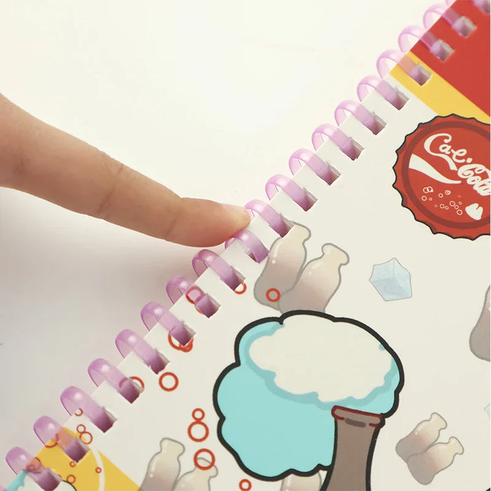 Finger touching pastel spiral binding of custom cartoon softcover notebook with colorful print