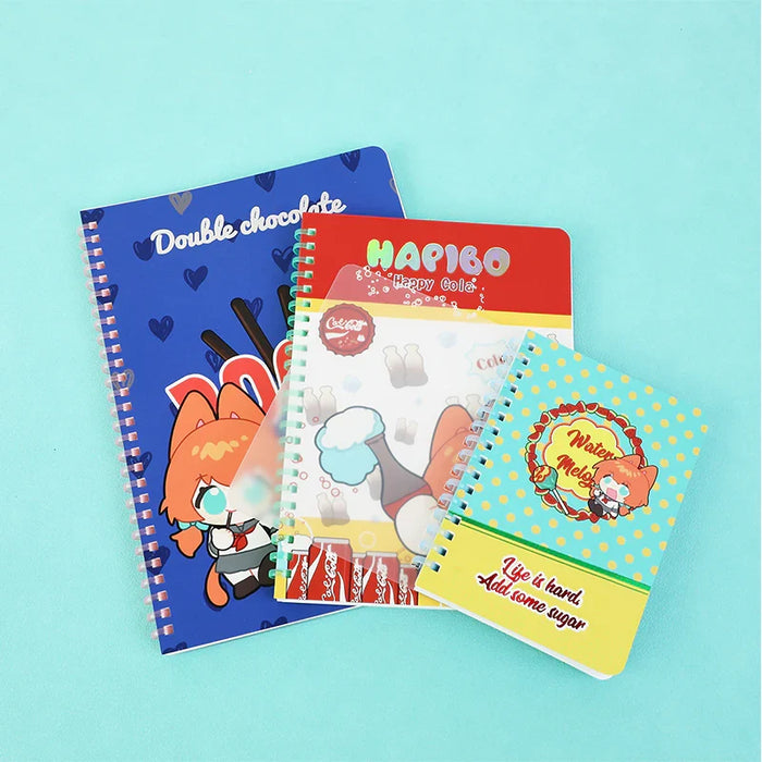 Custom spiral notebooks with colorful cartoon covers and cute anime characters on blue background