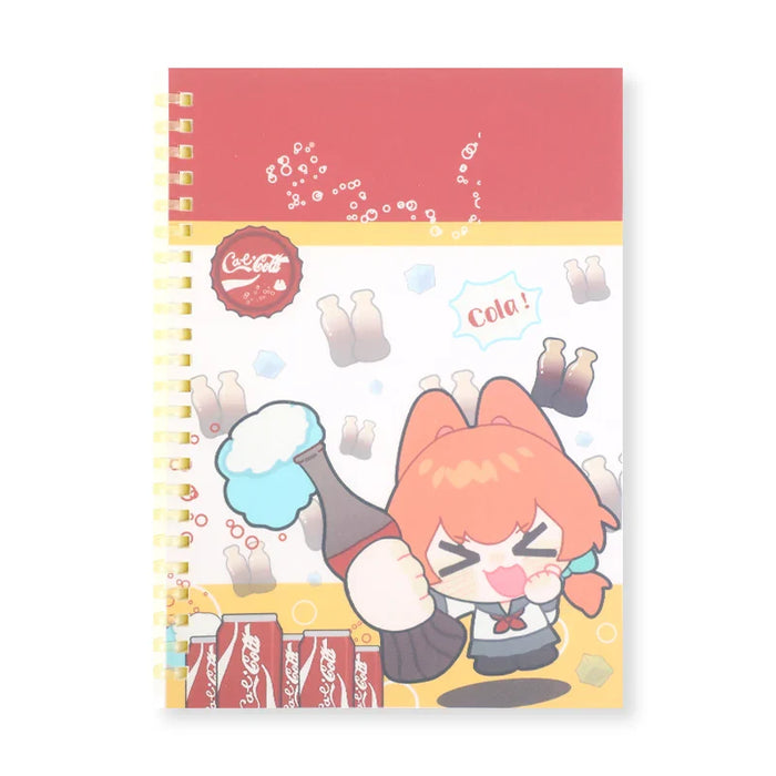 Custom spiral bound notebook with cute anime girl, cola bottles, and soda can illustrations on cover