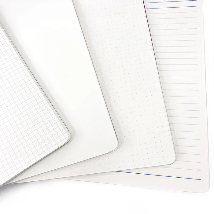 Assorted notebook pages with grid, blank, dotted, and lined paper layouts