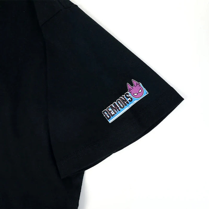 Black cotton t-shirt sleeve with cartoon purple demon face and DEMONS text print