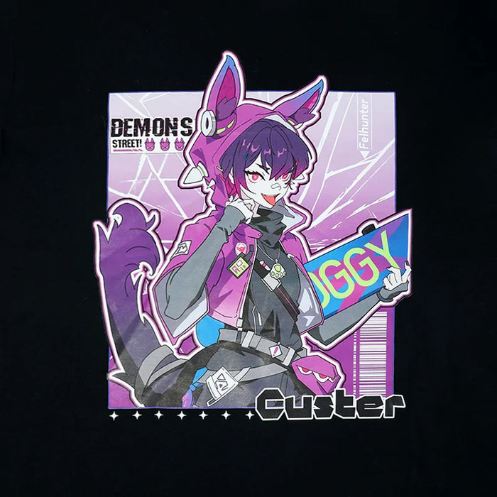 Custom black t-shirt with vibrant anime wolf boy graphic, purple hoodie, and bold street art style