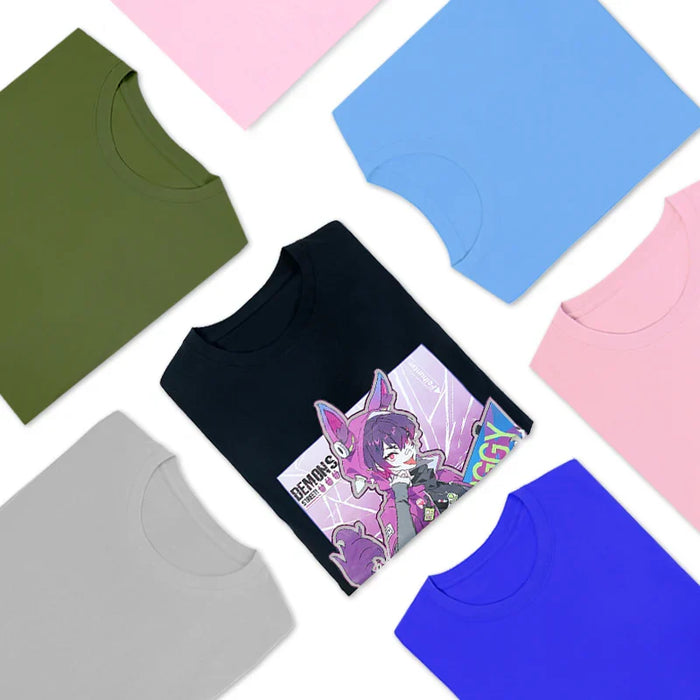 Folded cotton crew neck t-shirts in assorted colors, one printed with anime character design