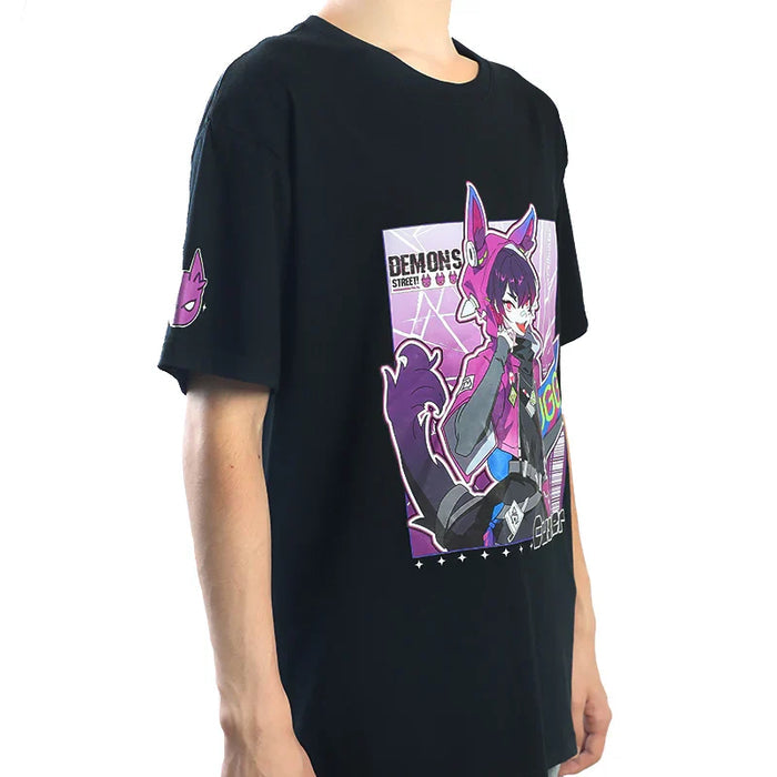 Black cotton t-shirt with colorful anime character and 'Demons Street' print, crew neck style