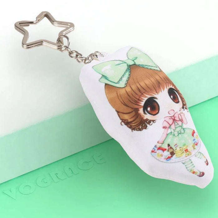 Custom anime body pillow keychain with chibi girl design and star-shaped metal clasp