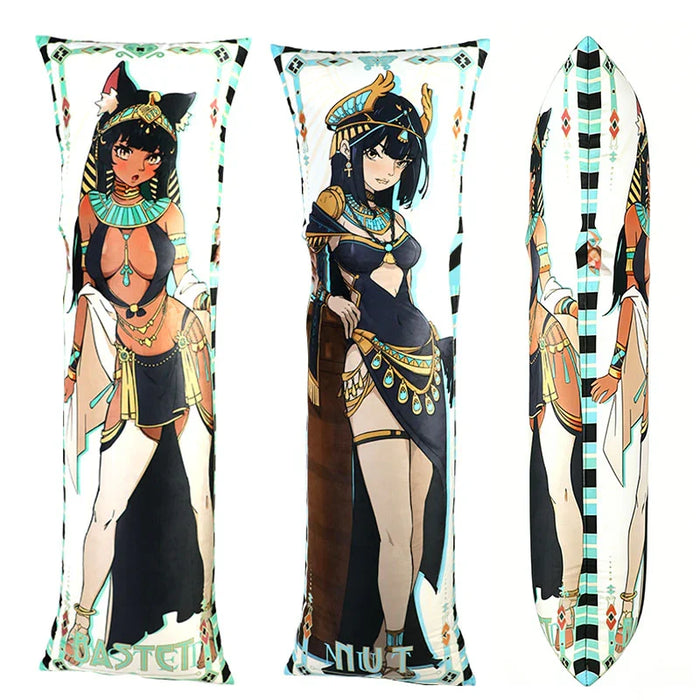 Custom anime body pillows with Egyptian-themed female characters in detailed costumes