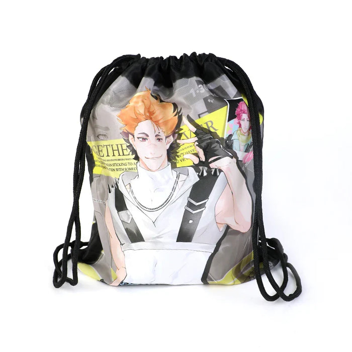 Custom drawstring backpack with anime character print, black straps, colorful background