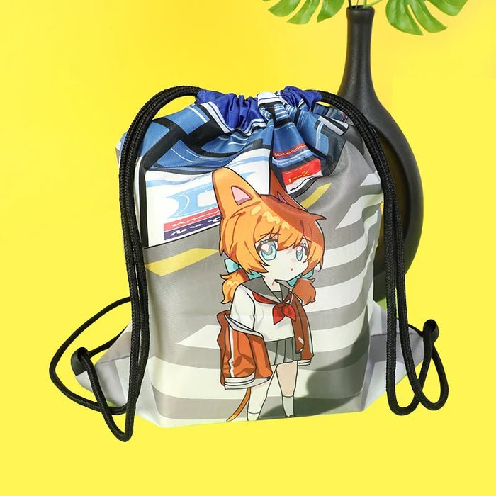 Custom drawstring backpack featuring anime-style girl with cat ears on a yellow background