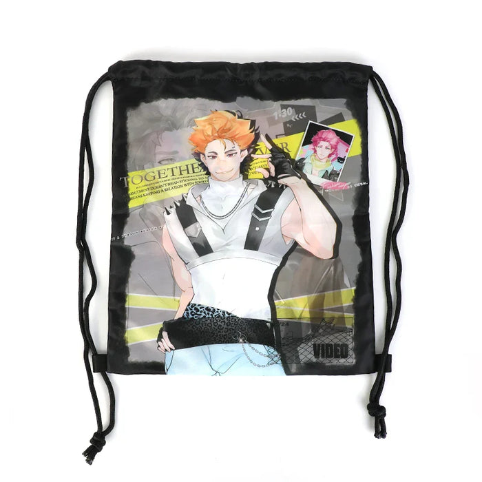 Custom drawstring backpack with anime character illustration on transparent fabric