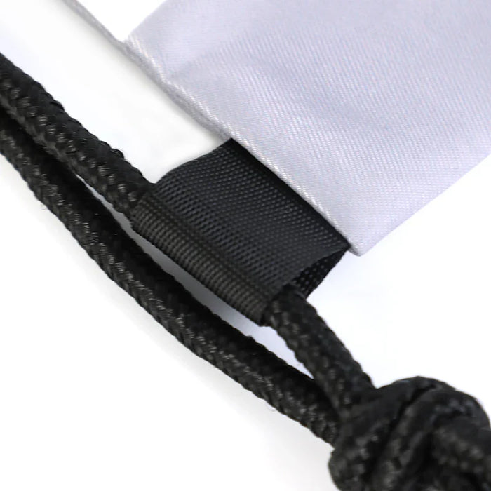 Closeup of custom drawstring backpack corner with black rope and reinforced stitching