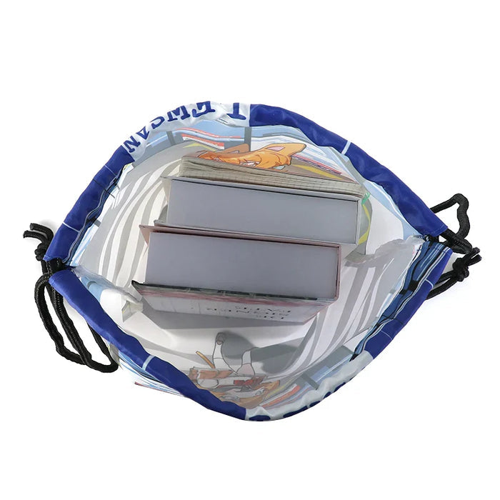Custom drawstring backpack with anime print holding several books, top view