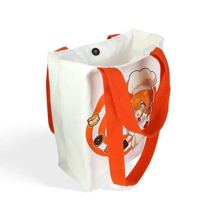 Custom canvas tote bag with red straps and cute chef anime character print