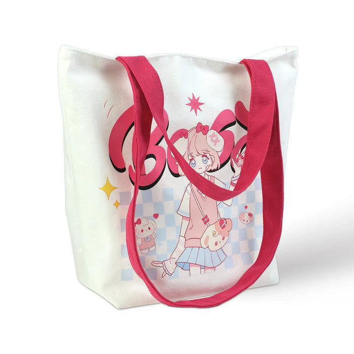 Custom canvas tote bag with pink strap, featuring anime girl and character art
