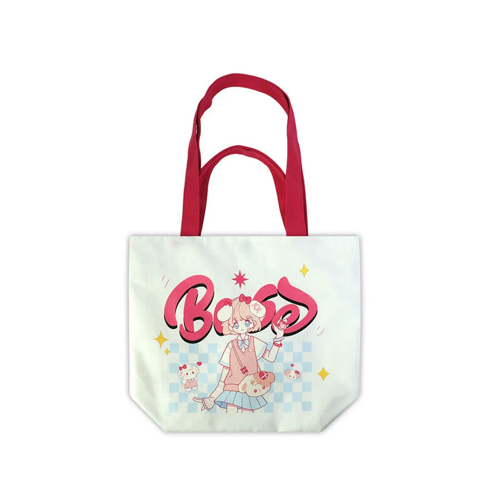 Custom canvas tote bag with pink strap, anime girl and bear print, kawaii style