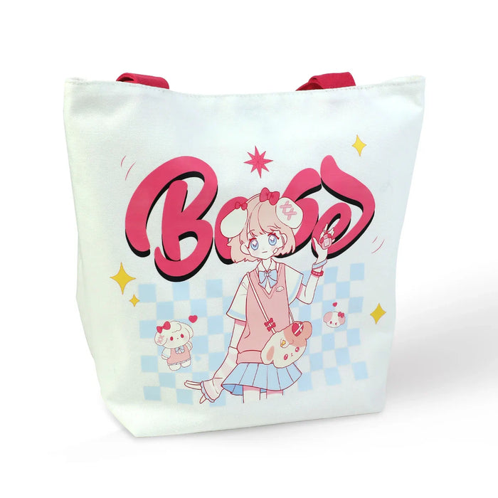 Custom canvas tote bag with pink anime girl and cute bear illustrations, dual-use strap