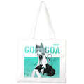 Custom white tote bag with anime cat girl illustration and bold blue graphic text
