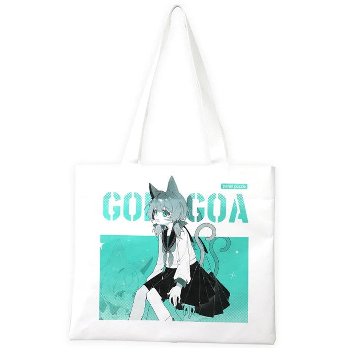 Custom white tote bag with anime cat girl illustration and bold blue graphic text