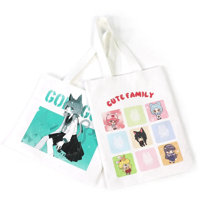 Custom white tote bags with colorful anime character designs and 'CUTE FAMILY' text, flat lay.