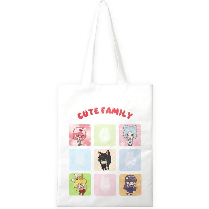 White custom Dupont paper tote bag with colorful anime cartoon characters and 'Cute Family' text.