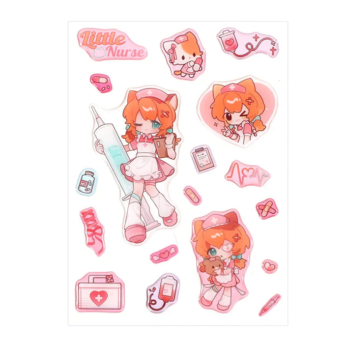 Cute Little Nurse anime stickers with pink medical themes, perfect for planners and scrapbooks