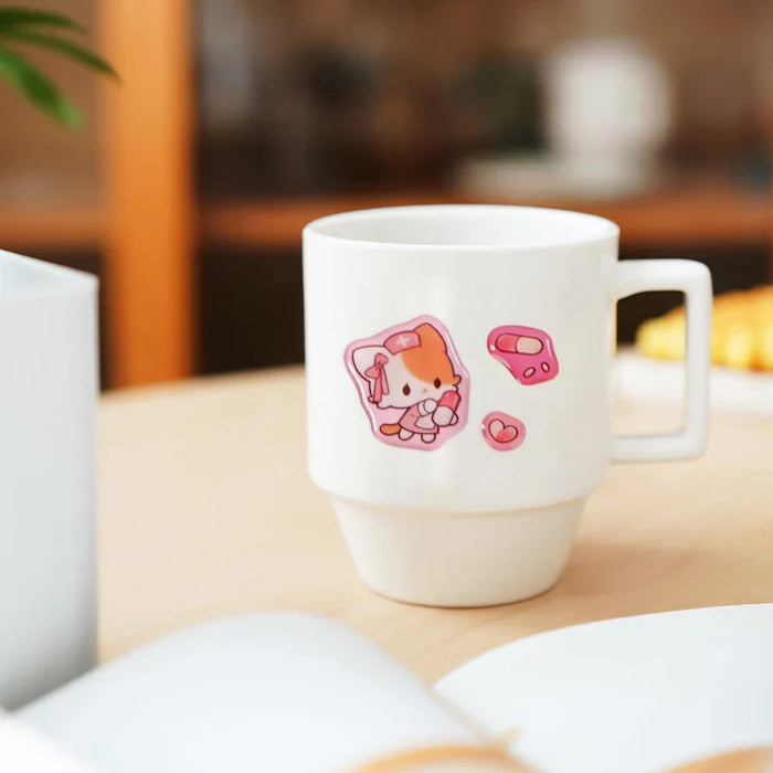 Cute kawaii character sticker on white ceramic mug, perfect for anime fans and collectors