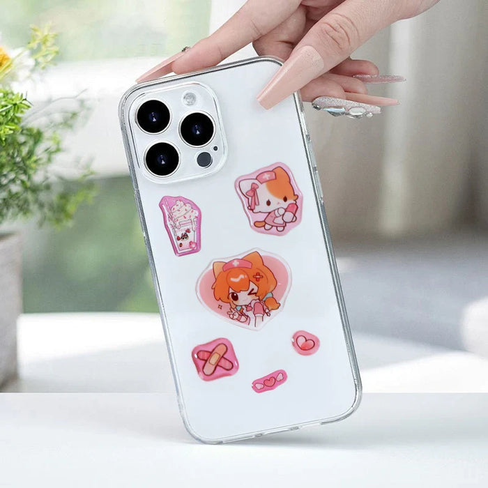 Cute anime-style acrylic phone stickers with pink designs, perfect for customizing phone cases and accessories.