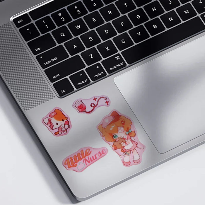 Cute nurse-themed stickers on laptop, featuring anime-style characters and 'Little Nurse' text, ideal for anime merchandise fans.