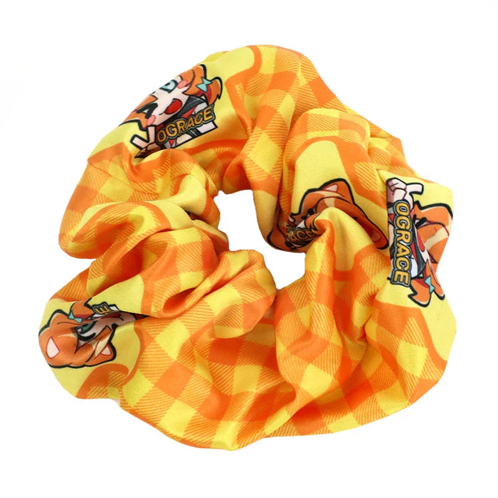 Custom yellow orange checkered hair tie with cartoon character and bold text design