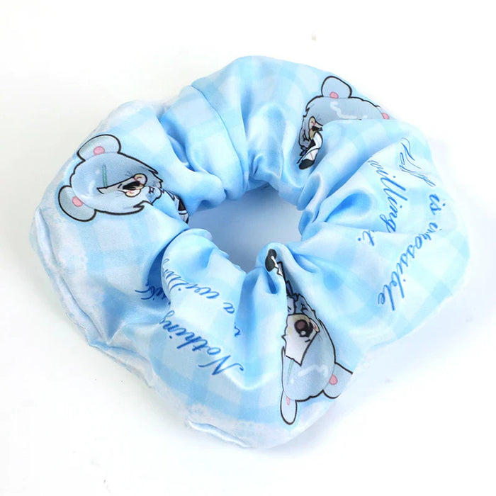 Light blue custom anime hair tie scrunchie with cartoon mouse pattern and text design