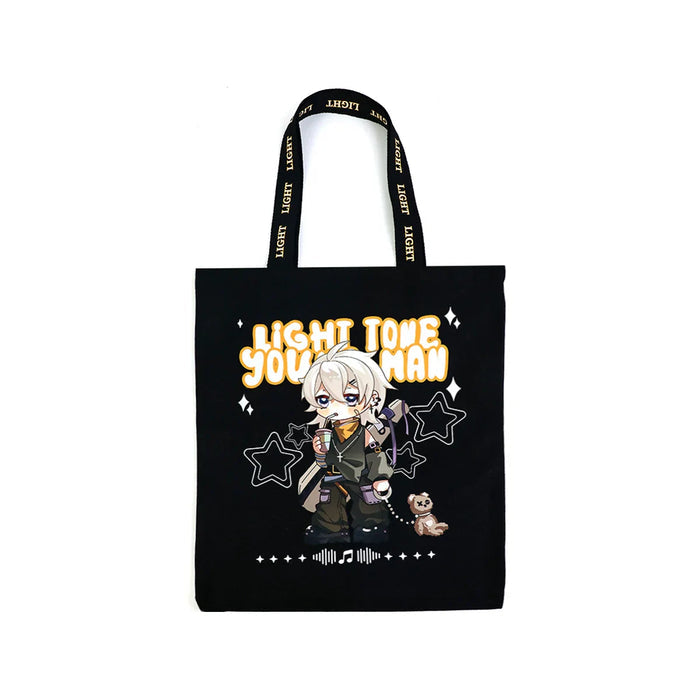 Black woven canvas tote bag with custom strap, anime-style character and stars, text 'LIGHT TONE YOUNG MAN'.