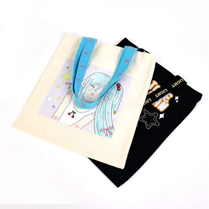 Custom canvas tote bags with anime print and unique straps on white background