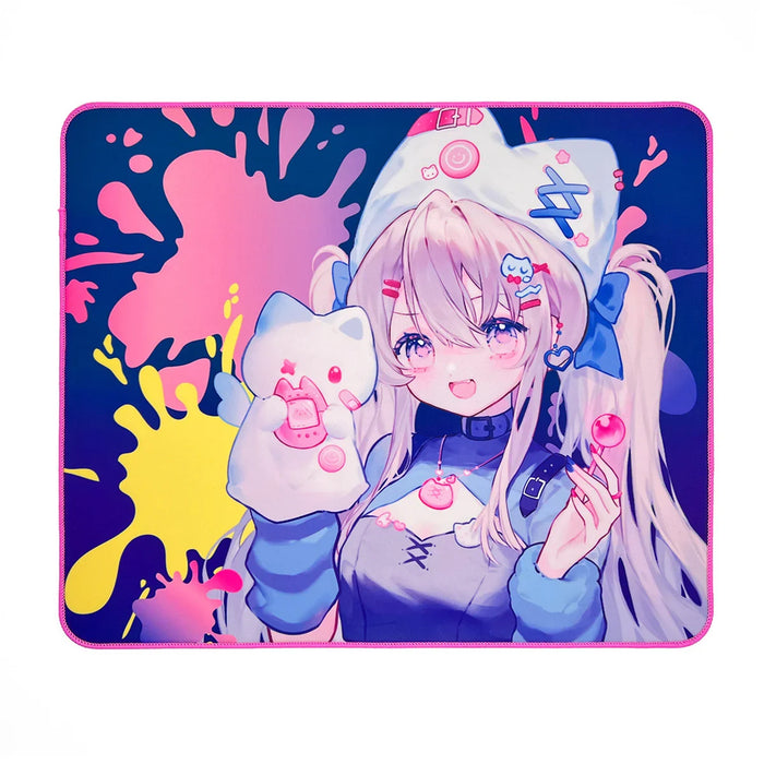 Custom holographic mouse pad featuring colorful anime girl illustration with pastel splashes