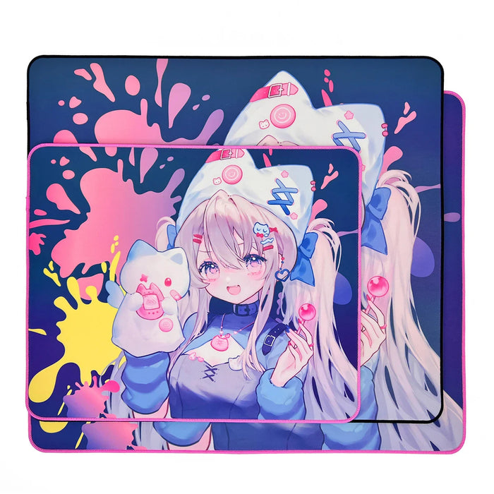 Custom holographic anime mouse pads with colorful anime girl and pastel splatter background