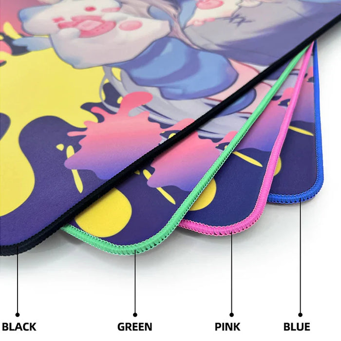 Custom holographic gaming mouse pads with colorful stitched edges in black, green, pink, and blue.