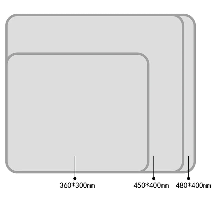 Three custom rectangular mouse pads in different sizes with rounded corners, dimensions labeled 360x300mm, 450x400mm, and 480x400mm.