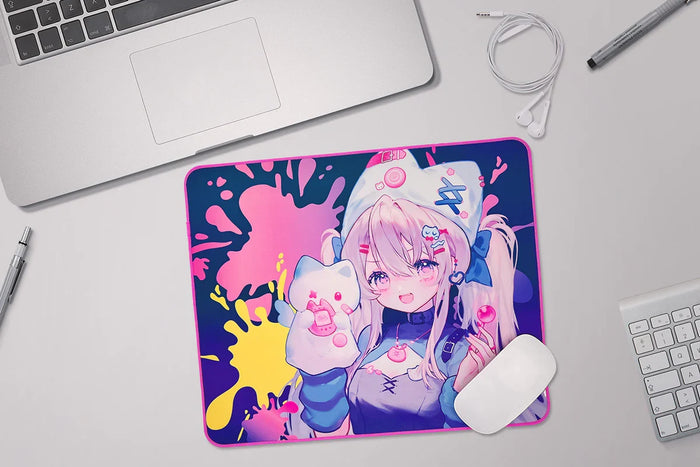 Custom holographic anime mouse pad with colorful character art on a modern desk setup