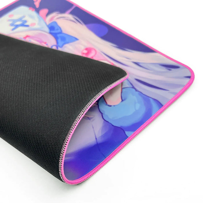 Custom holographic mouse pad with anime design, stitched pink edge, non-slip back