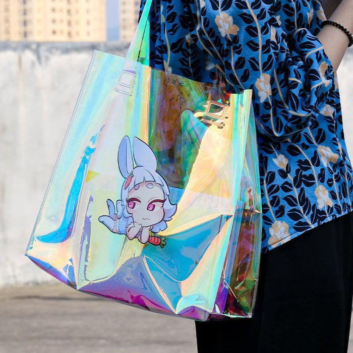 Custom holographic tote bag with cute anime bunny design, held outdoors.