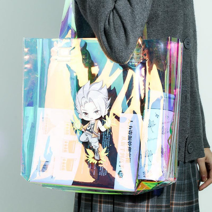 Holographic tote bag with chibi anime character illustration, carried by person in gray coat