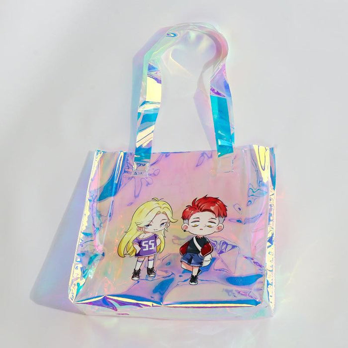 Holographic tote bag with anime-style character illustration on iridescent surface