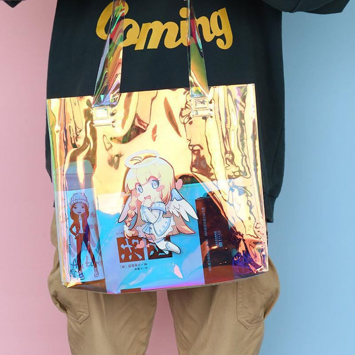 Custom holographic tote bag with anime character artwork, reflective and translucent finish