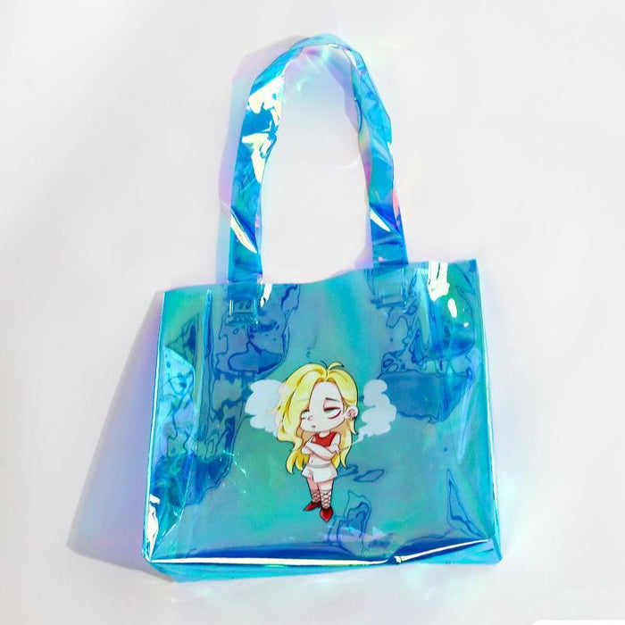 Holographic blue tote bag with cartoon blonde anime character and cloud design.