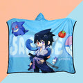 Custom hooded blanket with chibi anime character and blue cartoon designs on pastel background
