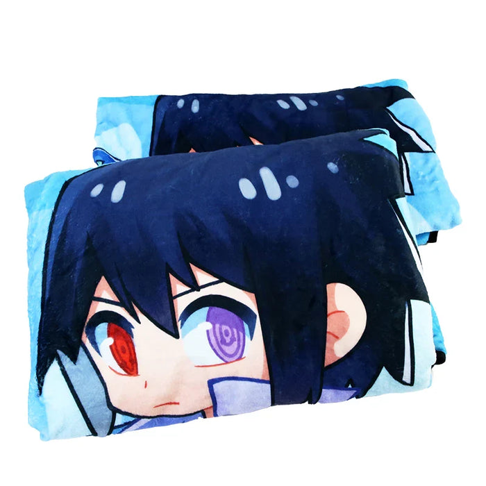 Custom hooded blankets with anime character face print, soft fleece, folded for display